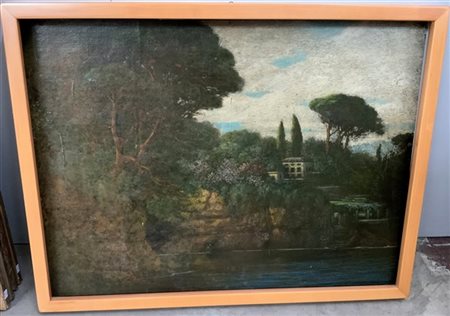 Ignoto "Paesaggio con villa e giardino" olio su faesite (cm 50x67) in cornice (