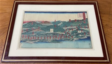 Stampa policroma di manifattura giapponese, sec. XIX, in cornice (cm 22x35)