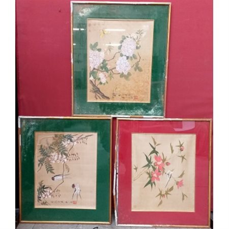 Tre dipinti ad inchiostro e colore raffiguranti volatili tra rami in fiore, in