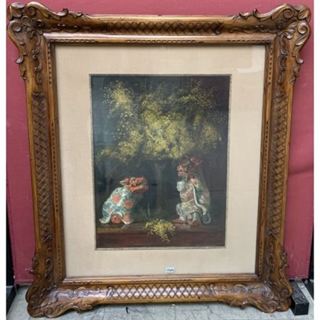 Enrico Giachino "Scena orientale con figure e mimosa" olio su cartone pressato (