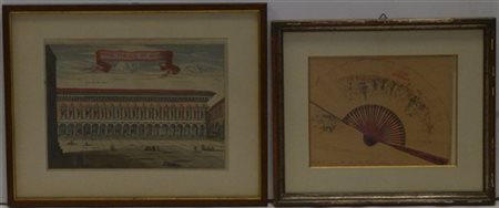 Lotto composto da un bozzetto ad acquerello raffigurante ventaglio ed un'antica