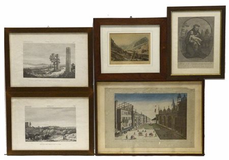 Lotto composto da cinque incisioni di diversa epoca in cornici (difetti)