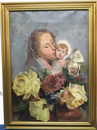 Paola G. "Madonna con bambino e rose" olio su tela (cm 50x35,5) firmato e datat