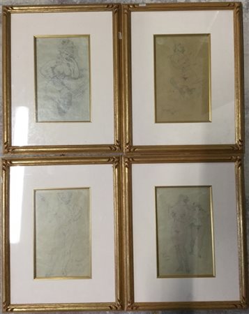 Gruppo di quattro disegni di soggetto erotico (cm 20x13) in cornici (difetti)