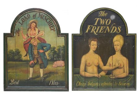 Lotto di panelli pubblicitari in legno sagomato e dipinto (cm 100x80) (difetti)