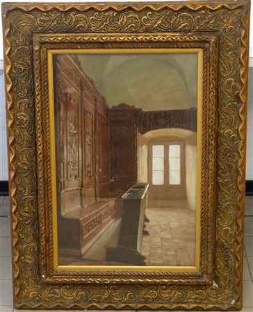 Carlo Verdecchia "Angolo del coro interno della cattedrale di Asti" olio su comp