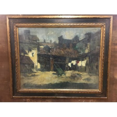 Achille Cattaneo "Cortile" 920, olio su tela (cm 70x90) Firmato e datato in bass