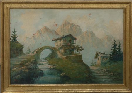 Ignoto "Paesaggio con baite" olio su masonite (cm 70x100) firmato in b