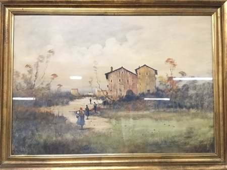 LUCIO CARGNEL "Paesaggio con casolari e viandanti" olio su cartoncino (cm 100x70) firmato in basso a sinistra, in cornice