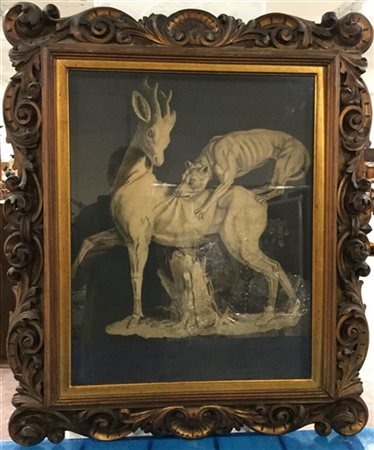 Ignoto "Cervo azzannato da un cane" disegno a tecnica mista su carta (cm 57x45)