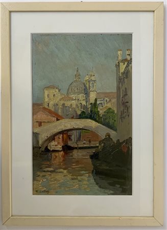 Lentini Rocco "Chiesa a Venezia" olio su cartone telato (cm 36x22), firmato in b