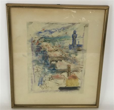 Firma indecifrata "Scorcio di Firenze" tecnica mista su carta applicata su cart