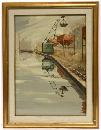 O. Faccio "Darsena, Milano" 1980, olio su tela (cm 70x50) firmato e datato in ba