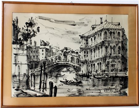 Firma indecifrata "Venezia, Ponte di Rialto" 
china nera su cartoncino
cm 50x70