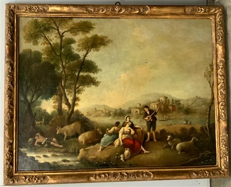 Scuola del secolo XIX "Scena bucolica in paesaggio fluviale " olio su tela (cm