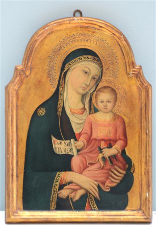 Ignoto "Madonna con Bambino" olio su tavola sagomata (cm 34,5x24,5) (difetti)