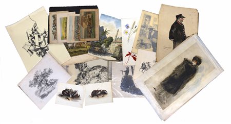 Cartelletta contenente disegni, litografie e acquerelli diversi (difetti)