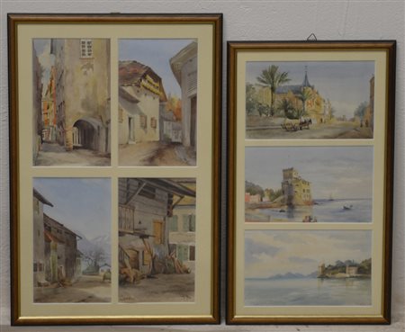 Lotto composto da sette acquarelli in due cornici raffiguranti "Scorci". Autori