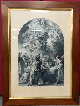 Antica incisione raffigurante l'Assunzione di Maria Vergine da Rubens (cm 80x56