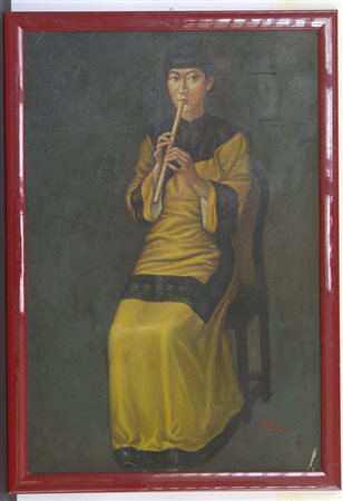 Dama con flauto, datato e firmato Li Shu Chen (cm 91x60) in cornice
Cina, sec.