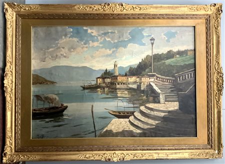 Mattei "Scorcio lacustre con barche" olio su tela (cm 67x98) 