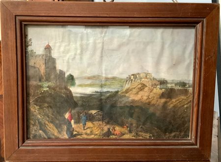 Antica incisione a colori raffigurante un paesaggio con viandati (cm 20x30) in