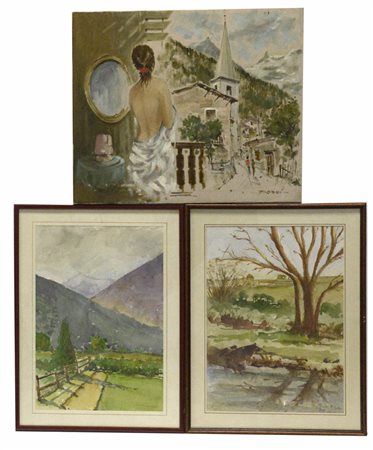 Lotto composto da un dipinto firmato Porri e due acquerelli di diverso autore