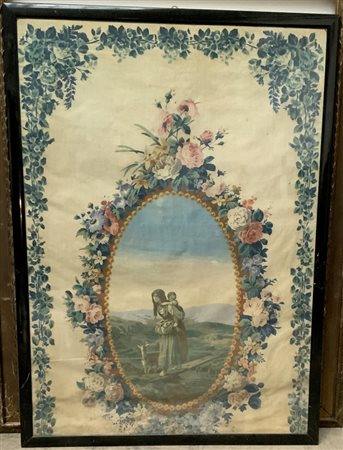 Pannello decorativo raffigurante contadina con bambino in un paesaggio in corni