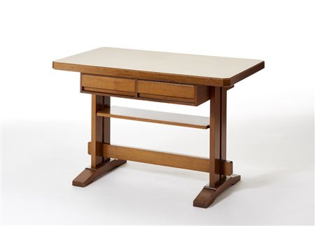 Scrittoio in legno di noce massello impiallacciato con due cassetti sottopiano