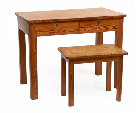Lotto composto da uno scrittoietto a due cassetti con sgabello analogo in legno