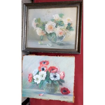 Ignoto, "Fiori" coppia di pastelli su cartoncino (cm 38x46) firmati Ch. Decombe