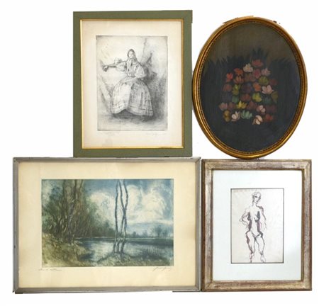 Lotto composto da una litografia di Aldo Carpi, un dipinto raffigurante fiori,