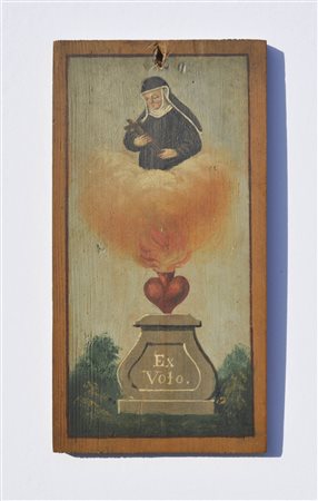 Ex voto „Hl. Kreszentia“ 1856;Olio su tavola, 26,2 x 13,5 cm, danni