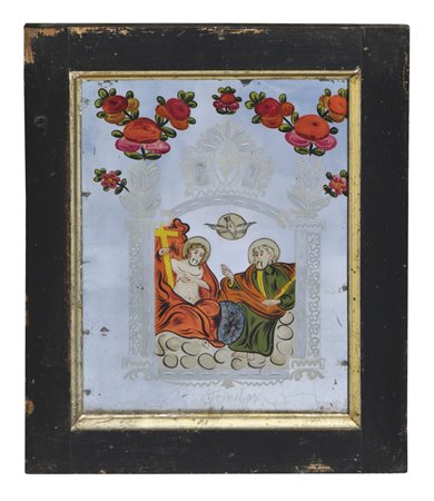 Pittura dietro vetro a specchio, “Trinità“, XIX sec.;47 x 35 cm, in cornice