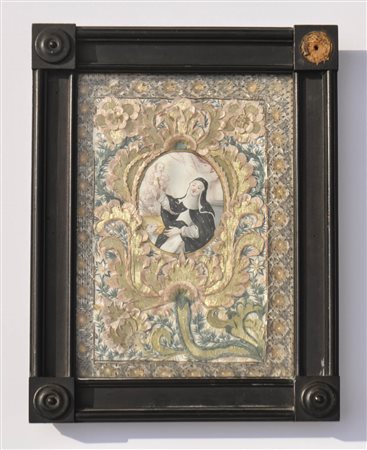 Produzione monastica “Santa“, XIX sec.;Miniatura su pergamena, ricamo, misure...