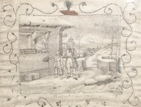 Ricamo con i capelli “Mendicanti“, 1617;23,5 x 30,5 cm, danni, in cornice...