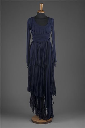 JEAN PAUL GAULTIER 
Vestito longuette a maniche lunghe in maglina blu con frang