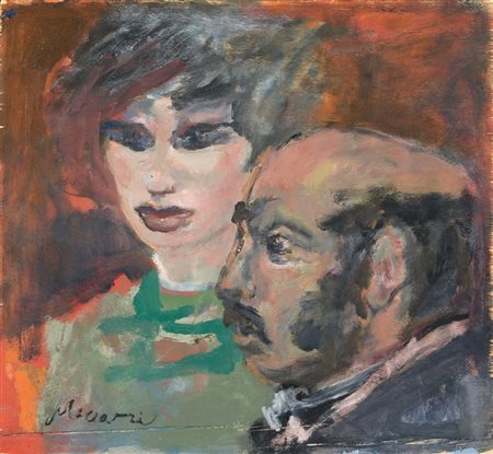 Mino Maccari Siena 1898 - Roma 1989 La coppia Olio su tavola, cm. 38,7x42,7...