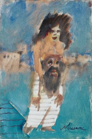 Mino Maccari Siena 1898 - Roma 1989 Figure Olio su tela, cm. 30x20 Firma in...