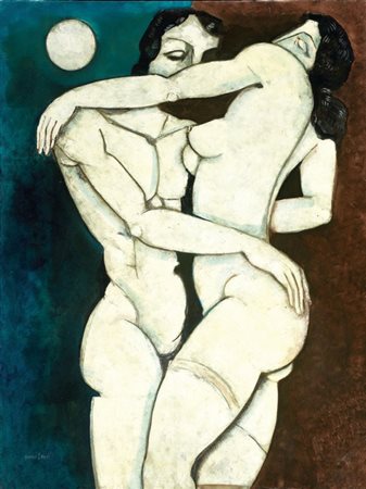 Bruno Landi Roma 1941 Amanti, 1996 Olio su tela, cm. 119,5x89,5 Firma in...