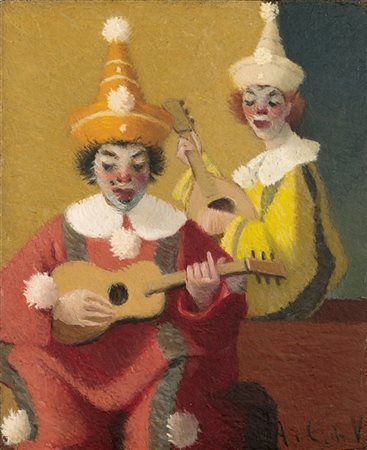 Antonio Calderara "Due pagliacci" 1945
olio su tavola
cm 16x13
Siglato in basso