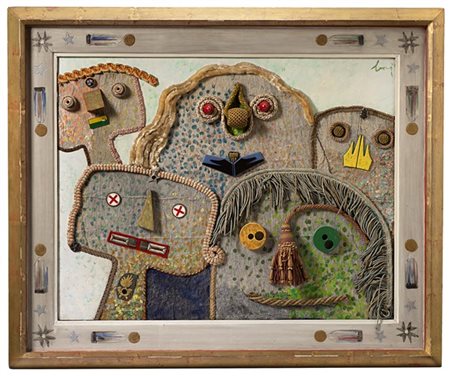 Enrico Baj "Dinner party in Malmoe" 1973
acrilico e collage, legno, passamaneria