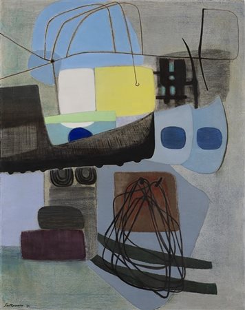 Giuseppe Santomaso "Alba fra i tralicci di uno scalo" 1952
olio su tela
cm 150x1