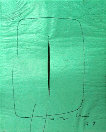 Lucio Fontana "Concetto spaziale" 1959
penna e taglio su carta stagnola verde
cm
