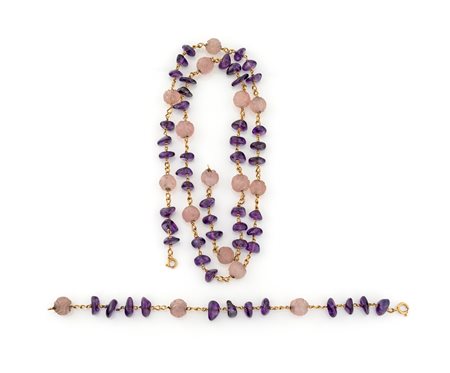 COLLANA E BRACCIALE CON AMETISTA E QUARZO ROSA
