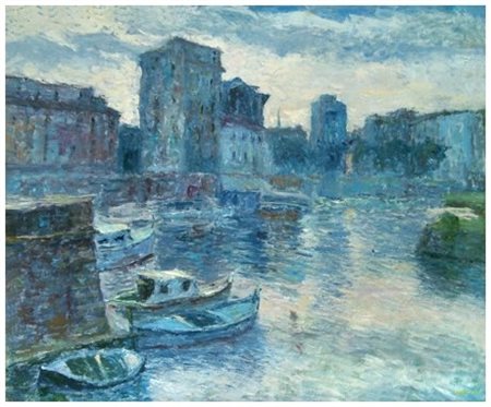 JOSEPH ANGIOLINI Livorno 1950 Il pontino di mattina Olio su cartone 61 x...