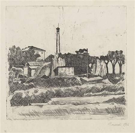 Giorgio Morandi Bologna 1890 - 1964 Paesaggio con la ciminiera (Sobborghi di...