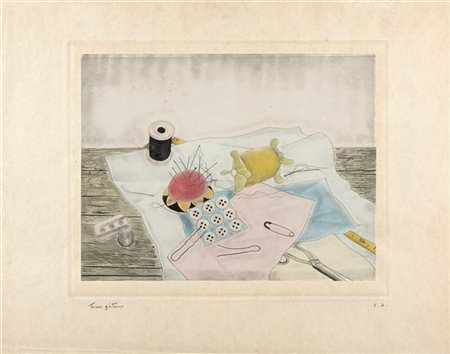 Tsuguharu Foujita "Nature morte aux fils et aux boutons" 1929
acquaforte a color