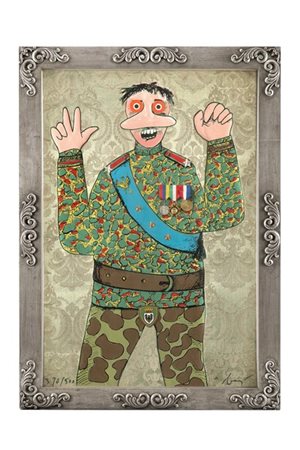 Enrico Baj "Stratega del doppio gioco" 1971
litografia a colori e collage su bro