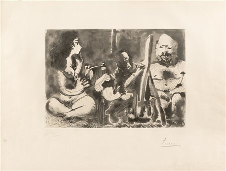 Pablo Picasso "Peintre au Travail avec Modèle barbu et une Spectatrice assise en